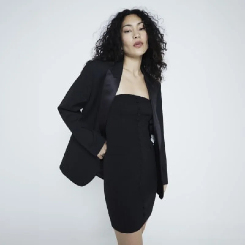 Black Button Front Bandeau Mini Dress sold by River Island