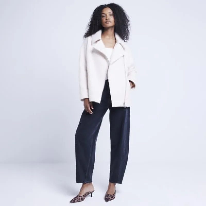 Cream Boiled Wool Oversize Biker Jacket sold by River Island