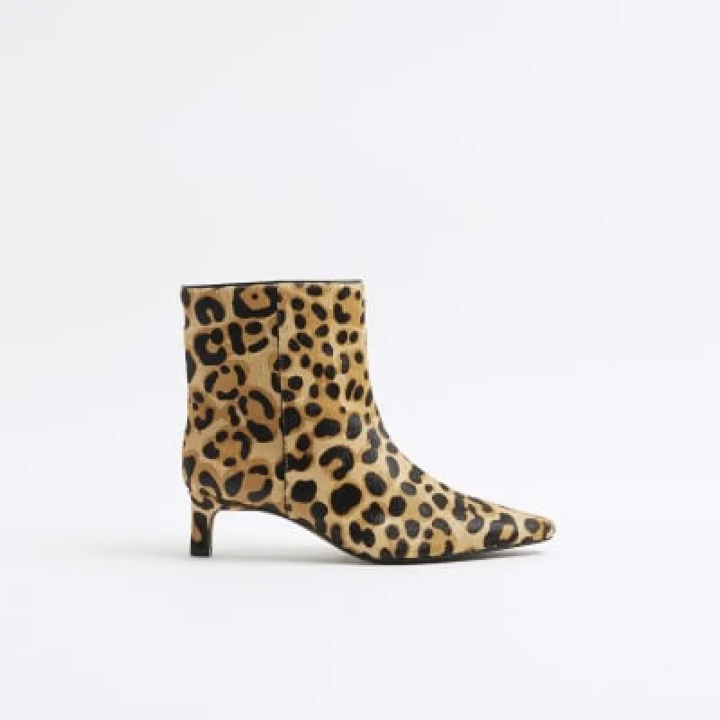 Brown leopard kitten heeled ankle boots sold by River Island