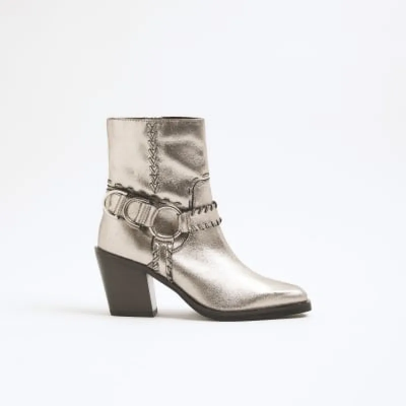 Silver Leather Western Ankle Boot sold by River Island