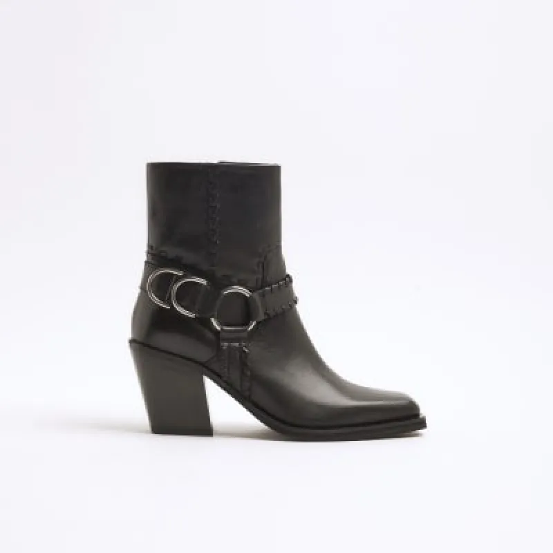 Black Leather Buckle Western Ankle Boots sold by River Island