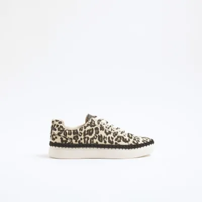 Beige canvas leopard print lace up trainers sold by River Island