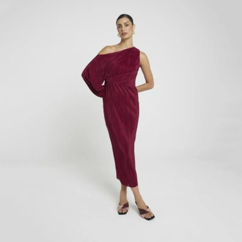 Red plisse asymmetric bodycon midi dress sold by River Island