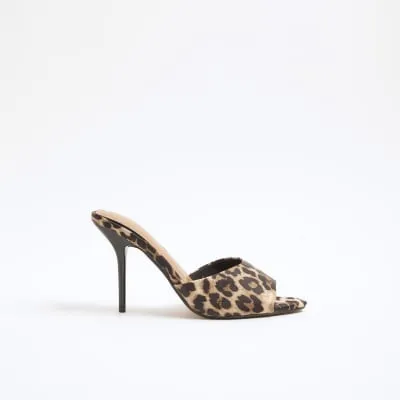 Brown satin leopard print heeled mule sandals sold by River Island