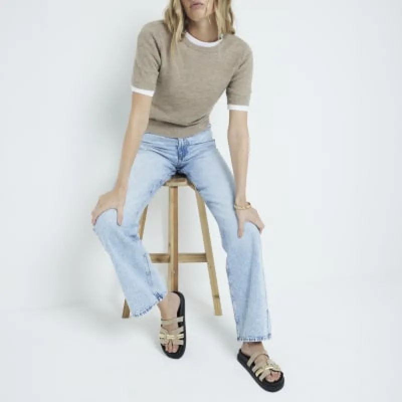 Beige cut out hardware strap leather sandals sold by River Island