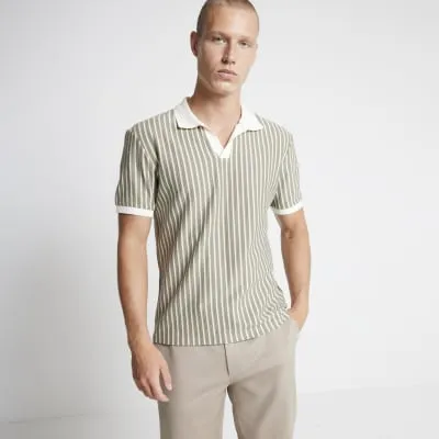 Khaki Regular fit crochet open neck polo sold by River Island