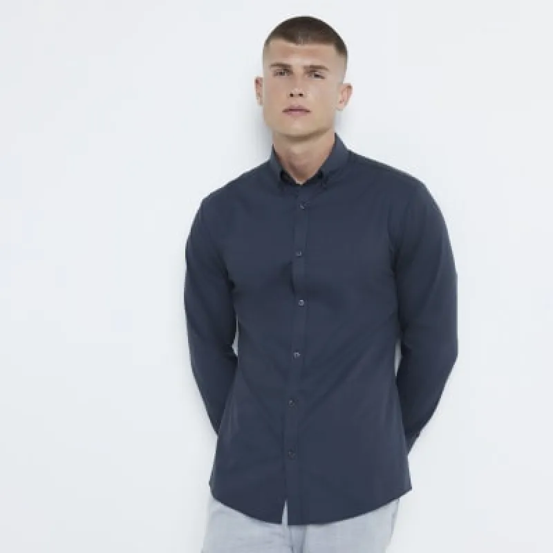 Grey muscle fit textured long sleeve shirt sold by River Island