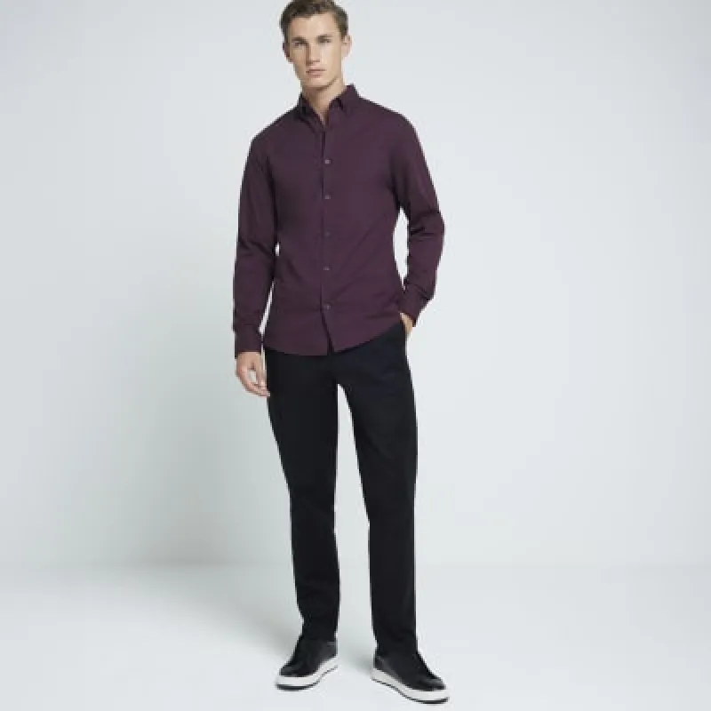 Red muscle fit textured long sleeve shirt sold by River Island