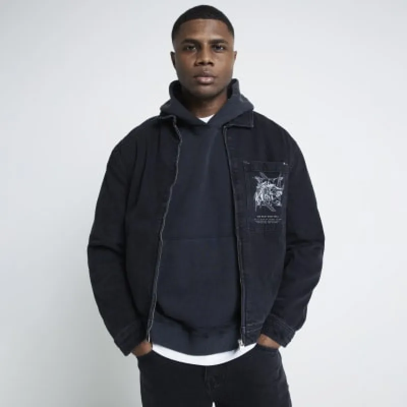 Black graphic print denim jacket sold by River Island
