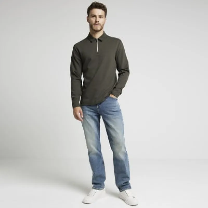 Khaki slim textured half zip long sleeve polo sold by River Island