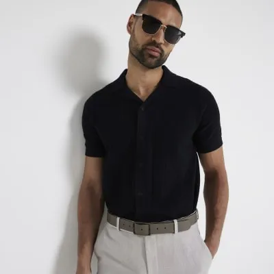 Black slim fit knit revere polo shirt sold by River Island