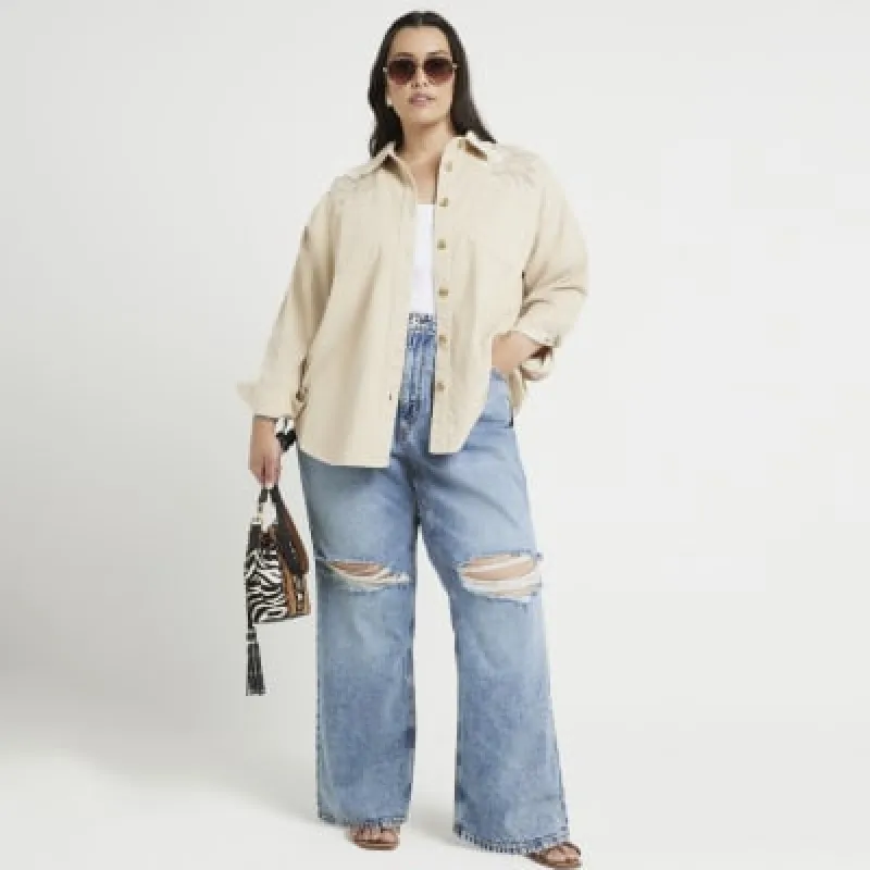 Plus beige corduroy broderie detail shirt sold by River Island