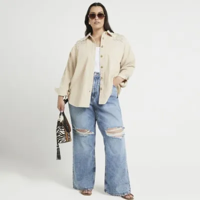 Plus beige corduroy broderie detail shirt sold by River Island