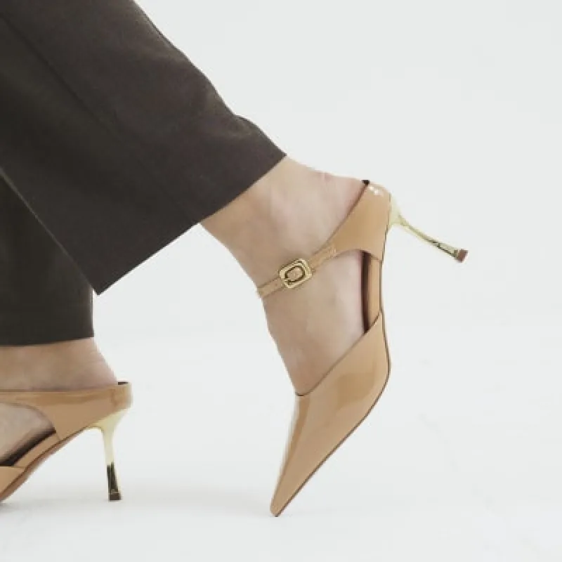 Beige Pointed Ankle Strap Court Heeled Shoes sold by River Island
