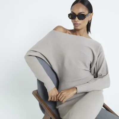 Cream Off Shoulder Knited Maxi Dress sold by River Island