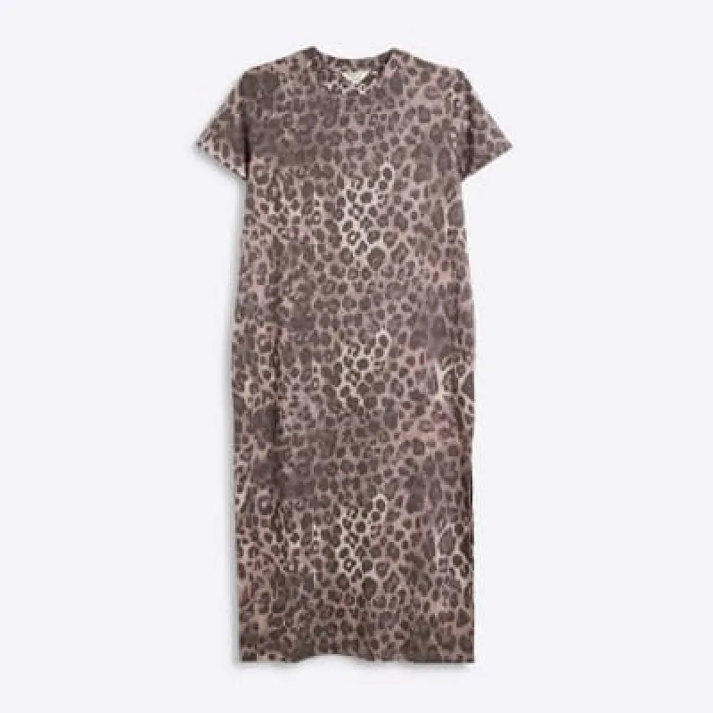 Petite Brown Animal Print T-Shirt Midi Dress sold by River Island