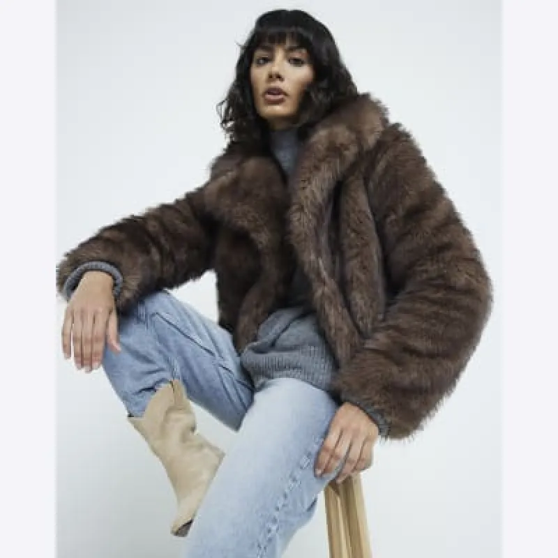Brown Faux Fur Short Plush Jacket sold by River Island