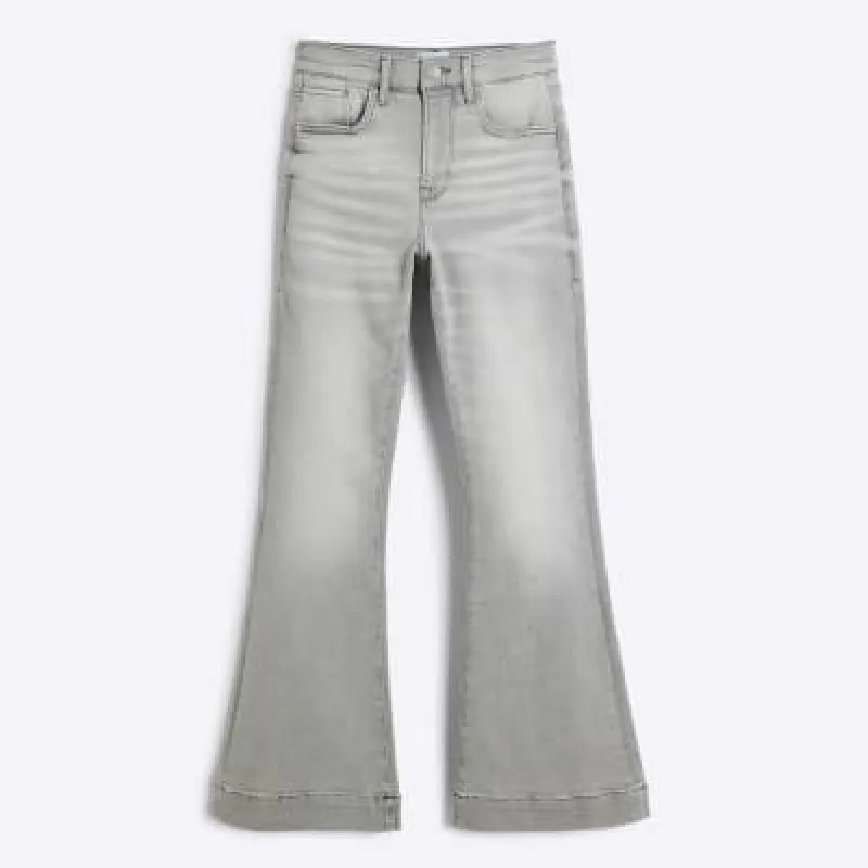 Petite grey light high rise flare jeans sold by River Island