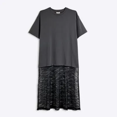 Petite Grey Lace T-Shirt Midi Dress sold by River Island