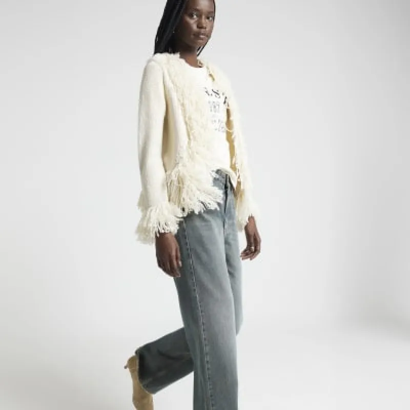 Cream Fringe Cuff Cardigan sold by River Island