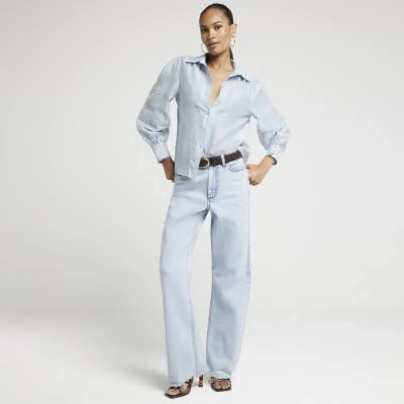 Blue linen blend lace trim shirt sold by River Island