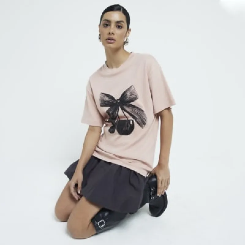Pink Bow Cherry Graphic Boyfriend T-shirt sold by River Island