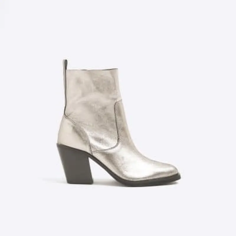 Silver Leather Western Heeled Ankle Boots sold by River Island