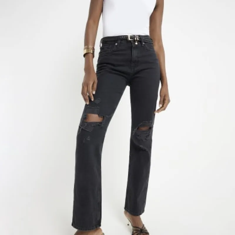 Black High Waisted Straight Ripped Jeans sold by River Island