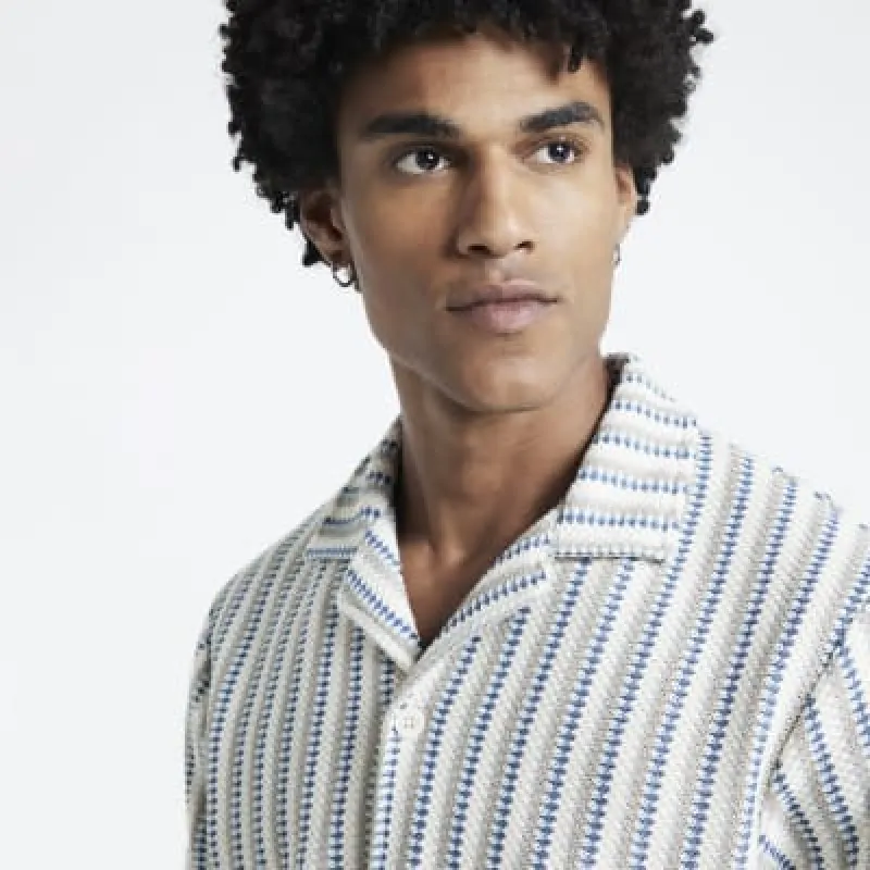 Blue Regular Fit Crochet Stripe Revere Shirt sold by River Island