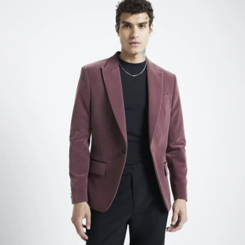 Pink regular fit velvet tux jacket sold by River Island