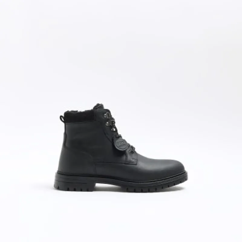 Black leather padded collar boots sold by River Island