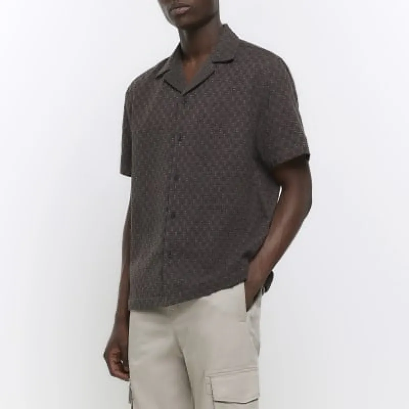 Grey regular fit jacquard revere shirt sold by River Island