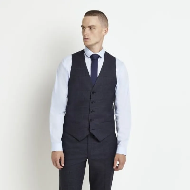 Navy slim fit check waistcoat sold by River Island