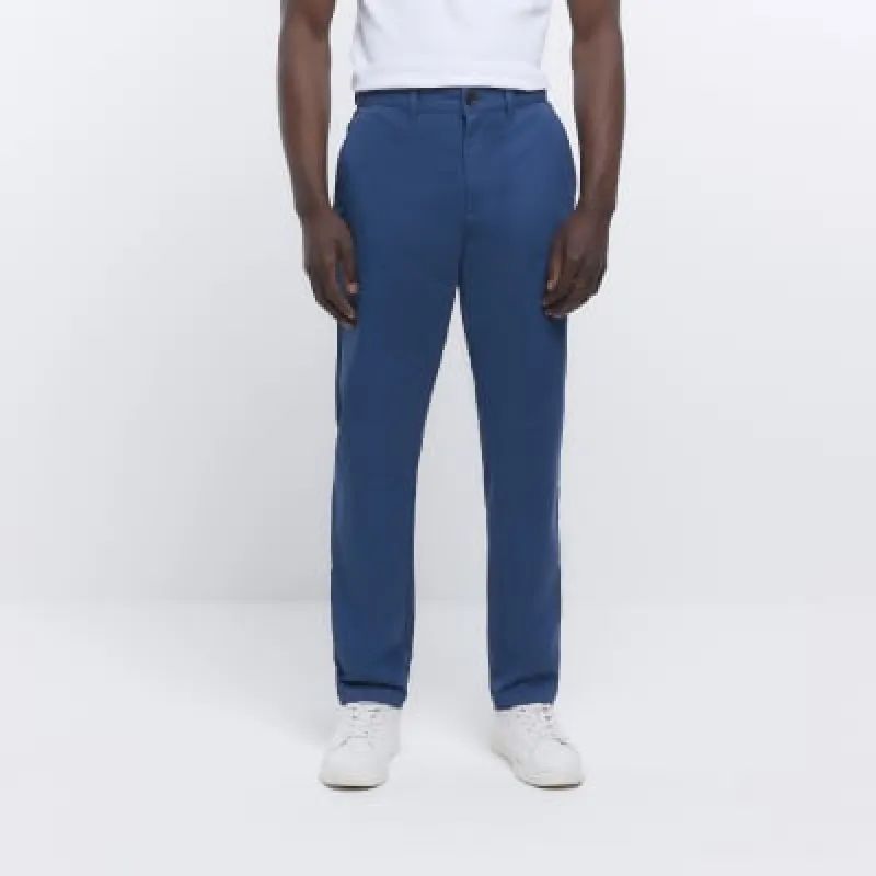 Blue slim fit casual chino trousers sold by River Island