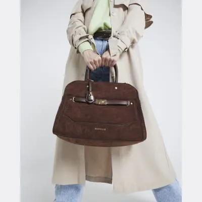 Brown suedette lock detail tote bag sold by River Island