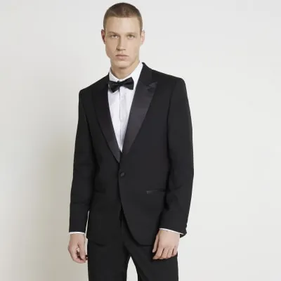 Black slim fit tuxedo suit jacket sold by River Island