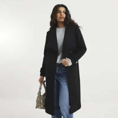 Petite Black Faux Wool Belted Wrap Coat sold by River Island