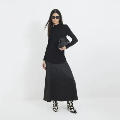 Black Satin Hybrid Maxi Dress sold by River Island