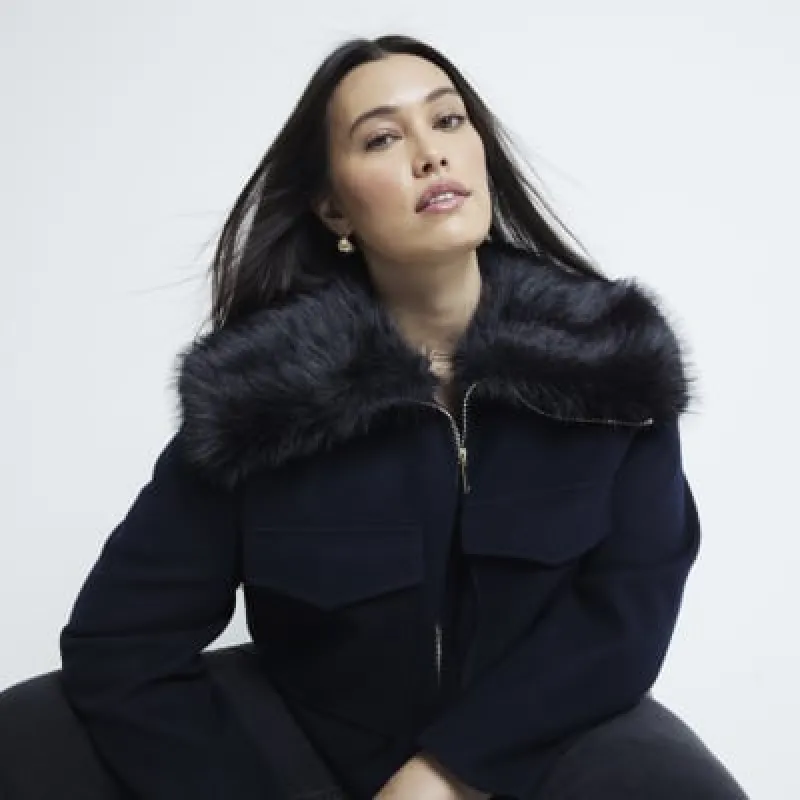 Plus Navy Faux Fur Collar Crop Jacket sold by River Island