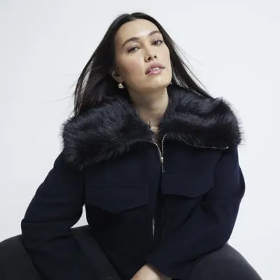 Plus Navy Faux Fur Collar Crop Jacket sold by River Island