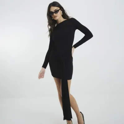Black Long Sleeved Tie Detail Mini Dress sold by River Island