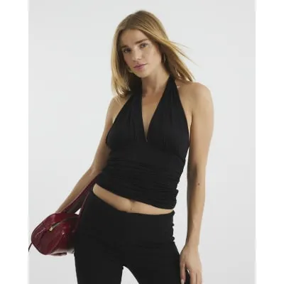 Black Sleeveless Halter Neck Ruched Top sold by River Island