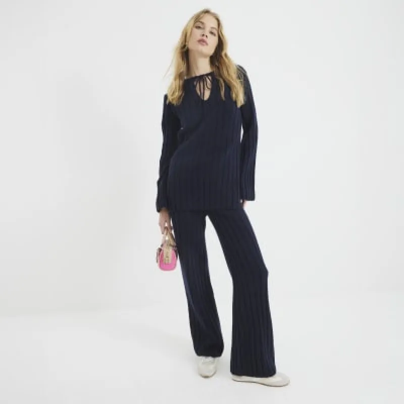 Navy Ribbed Flared Trousers sold by River Island