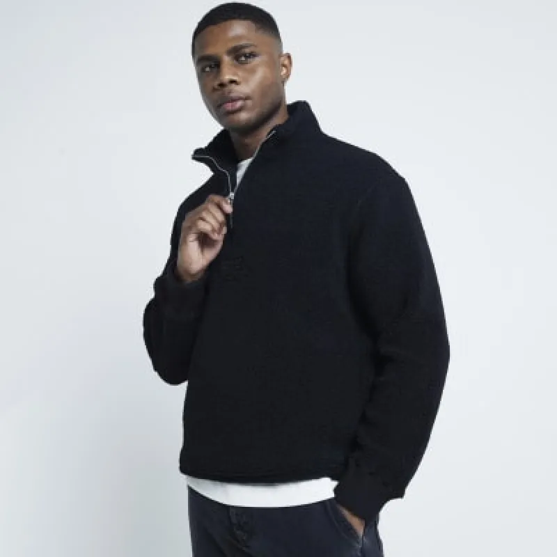 Black Regular Fit 1987 Funnel Fleece Jacket sold by River Island