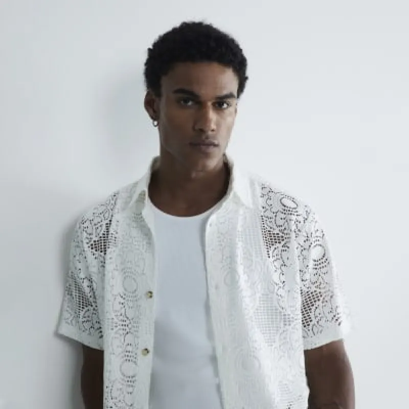White Slim Fit Floral Crochet Polo Shirt sold by River Island