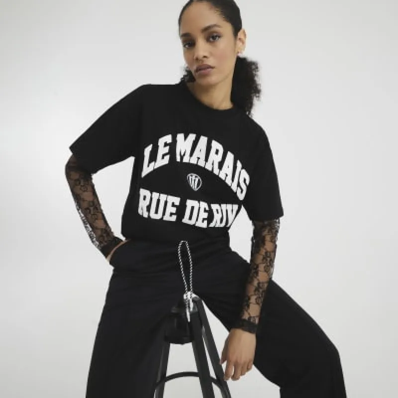 Black Le Marais Lace Sleeve T-Shirt sold by River Island