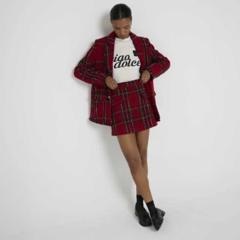 Red Tartan Boucle Mini Skirt sold by River Island