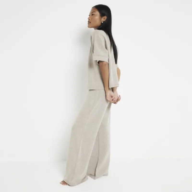 Petite Gold Wide Leg Crochet Knit Trousers sold by River Island
