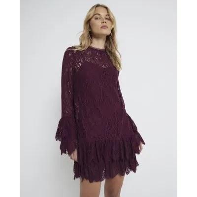 Red Lace Tiered Shift Mini Dress sold by River Island