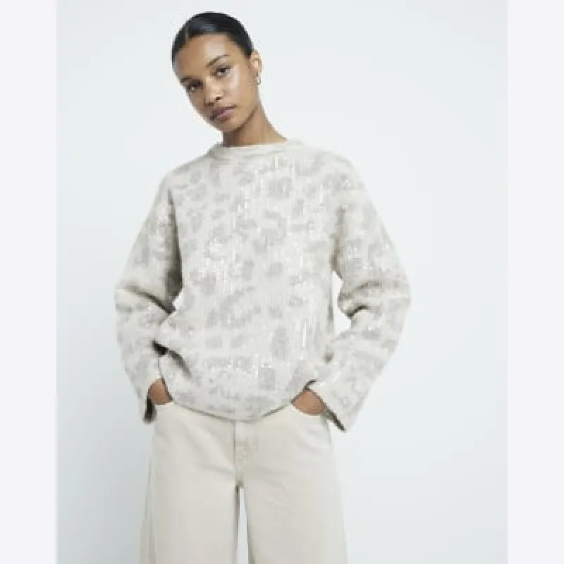 Beige Leopard Print Sequin Jumper sold by River Island
